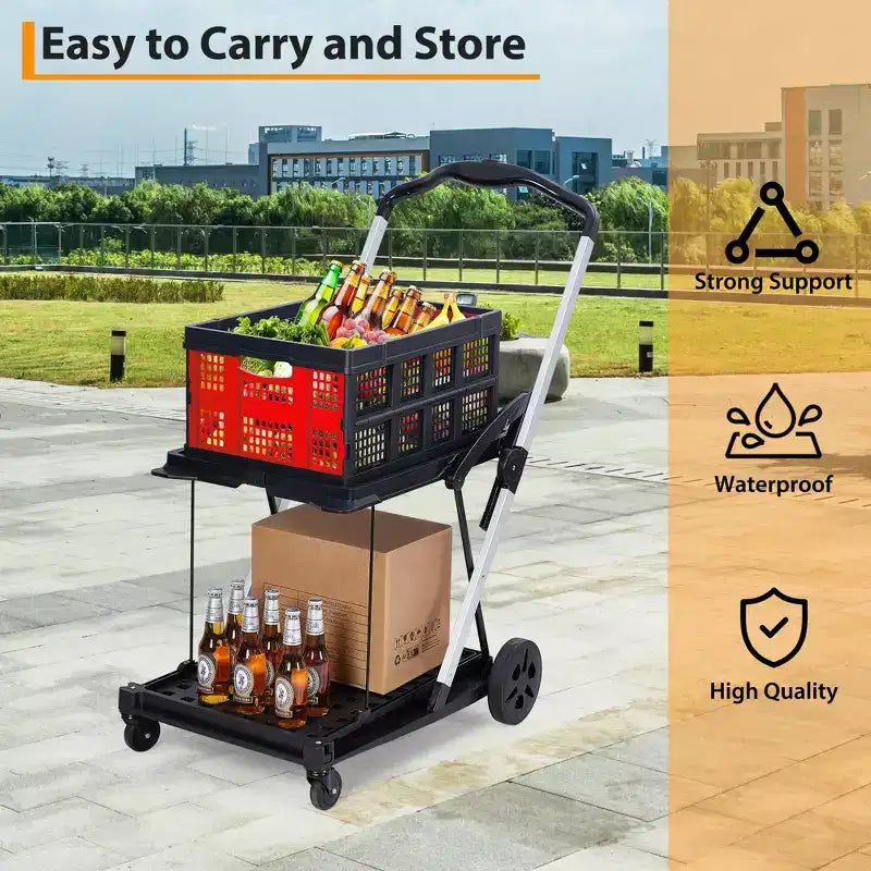 Chariot de courses pliable, chariot d'épicerie pliable avec roues et caisse de rangement amovible, chariot utilitaire portable à 2 niveaux pour la maison, les courses, le supermarché