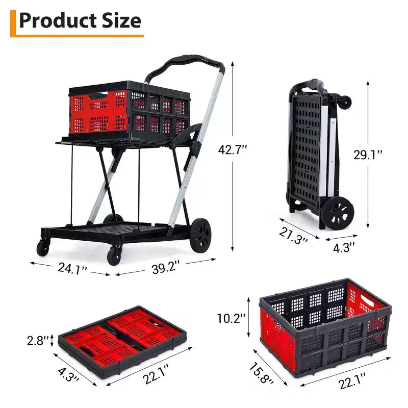 Chariot de courses pliable, chariot d'épicerie pliable avec roues et caisse de rangement amovible, chariot utilitaire portable à 2 niveaux pour la maison, les courses, le supermarché