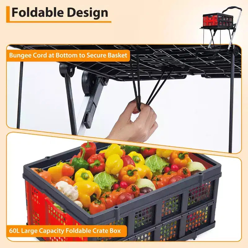 Chariot de courses pliable, chariot d'épicerie pliable avec roues et caisse de rangement amovible, chariot utilitaire portable à 2 niveaux pour la maison, les courses, le supermarché
