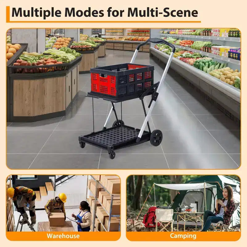 Chariot de courses pliable, chariot d'épicerie pliable avec roues et caisse de rangement amovible, chariot utilitaire portable à 2 niveaux pour la maison, les courses, le supermarché
