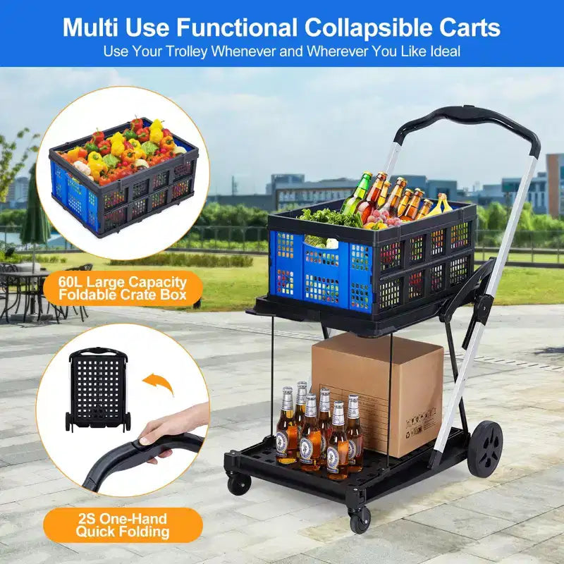 Chariot de courses pliable, chariot d'épicerie pliable avec roues et caisse de rangement amovible, chariot utilitaire portable à 2 niveaux pour la maison, les courses, le supermarché