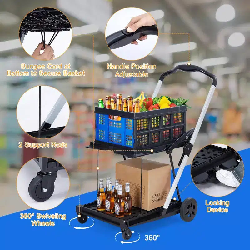 Chariot de courses pliable, chariot d'épicerie pliable avec roues et caisse de rangement amovible, chariot utilitaire portable à 2 niveaux pour la maison, les courses, le supermarché
