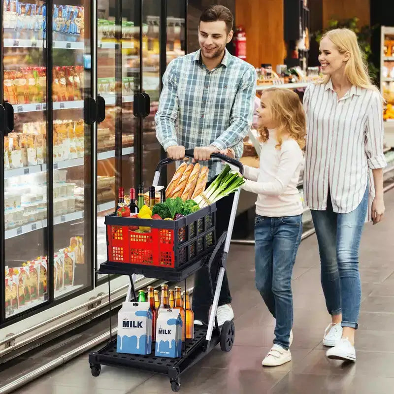 Chariot de courses pliable, chariot d'épicerie pliable avec roues et caisse de rangement amovible, chariot utilitaire portable à 2 niveaux pour la maison, les courses, le supermarché