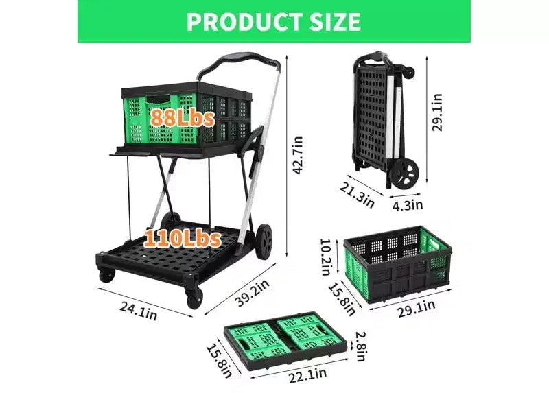 Chariot de courses pliable, chariot d'épicerie pliable avec roues et caisse de rangement amovible, chariot utilitaire portable à 2 niveaux pour la maison, les courses, le supermarché