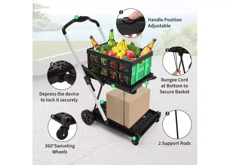 Chariot de courses pliable, chariot d'épicerie pliable avec roues et caisse de rangement amovible, chariot utilitaire portable à 2 niveaux pour la maison, les courses, le supermarché