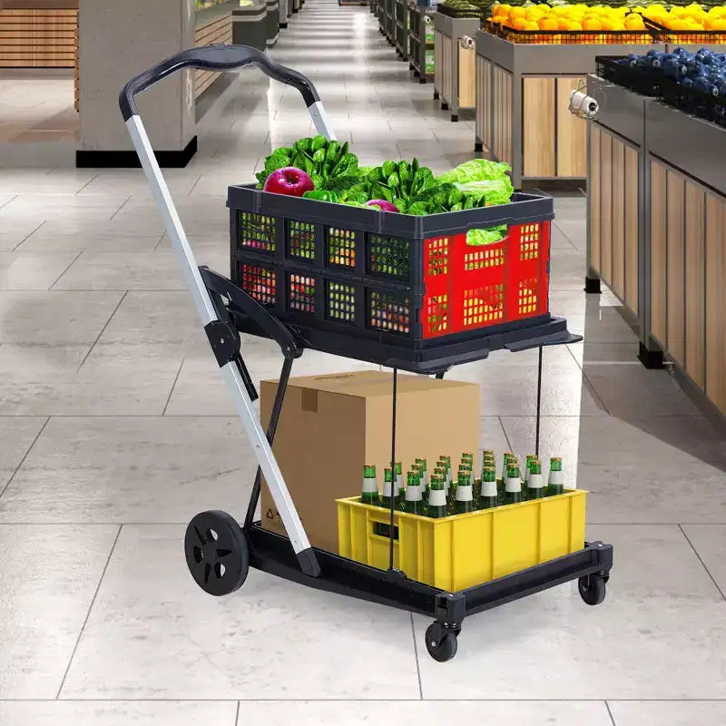 Chariot de courses pliable, chariot d'épicerie pliable avec roues et caisse de rangement amovible, chariot utilitaire portable à 2 niveaux pour la maison, les courses, le supermarché