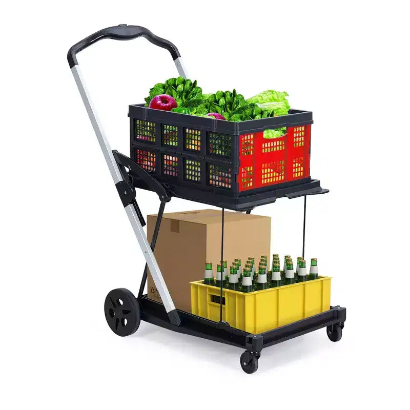 Chariot de courses pliable, chariot d'épicerie pliable avec roues et caisse de rangement amovible, chariot utilitaire portable à 2 niveaux pour la maison, les courses, le supermarché