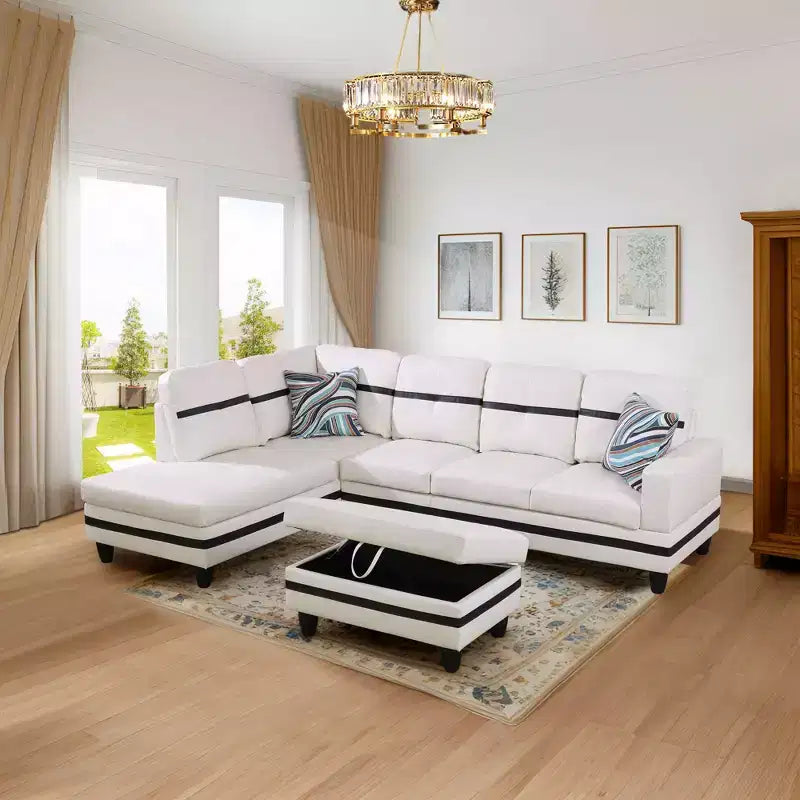 Contemporary White Leather Sectional Sofa with Storage Ottoman