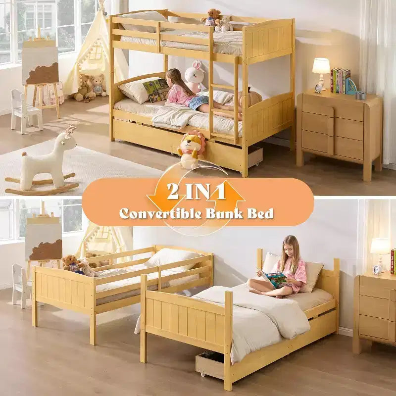 Lit superposé jumeau sur jumeau avec tiroirs de rangement, cadre de lit mezzanine convertible en bois d'hévéa massif avec échelles, lit détachable pour enfants
