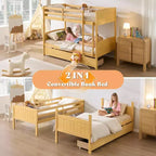 Lit superposé jumeau sur jumeau avec tiroirs de rangement, cadre de lit mezzanine convertible en bois d'hévéa massif avec échelles, lit détachable pour enfants