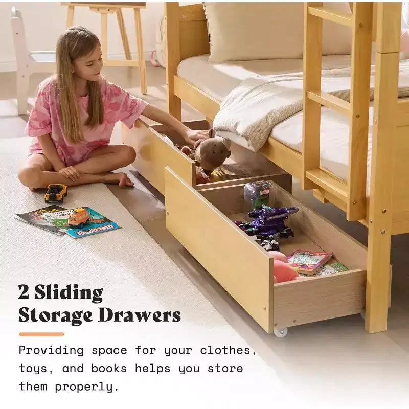 Lit superposé jumeau sur jumeau avec tiroirs de rangement, cadre de lit mezzanine convertible en bois d'hévéa massif avec échelles, lit détachable pour enfants