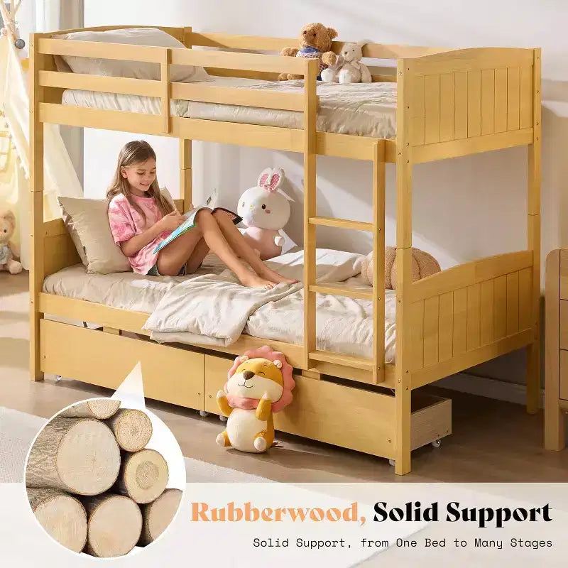 Lit superposé jumeau sur jumeau avec tiroirs de rangement, cadre de lit mezzanine convertible en bois d'hévéa massif avec échelles, lit détachable pour enfants