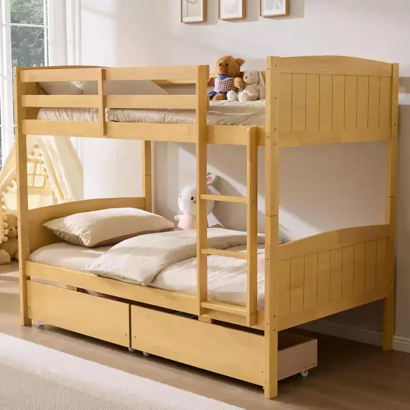 Lit superposé jumeau sur jumeau avec tiroirs de rangement, cadre de lit mezzanine convertible en bois d'hévéa massif avec échelles, lit détachable pour enfants