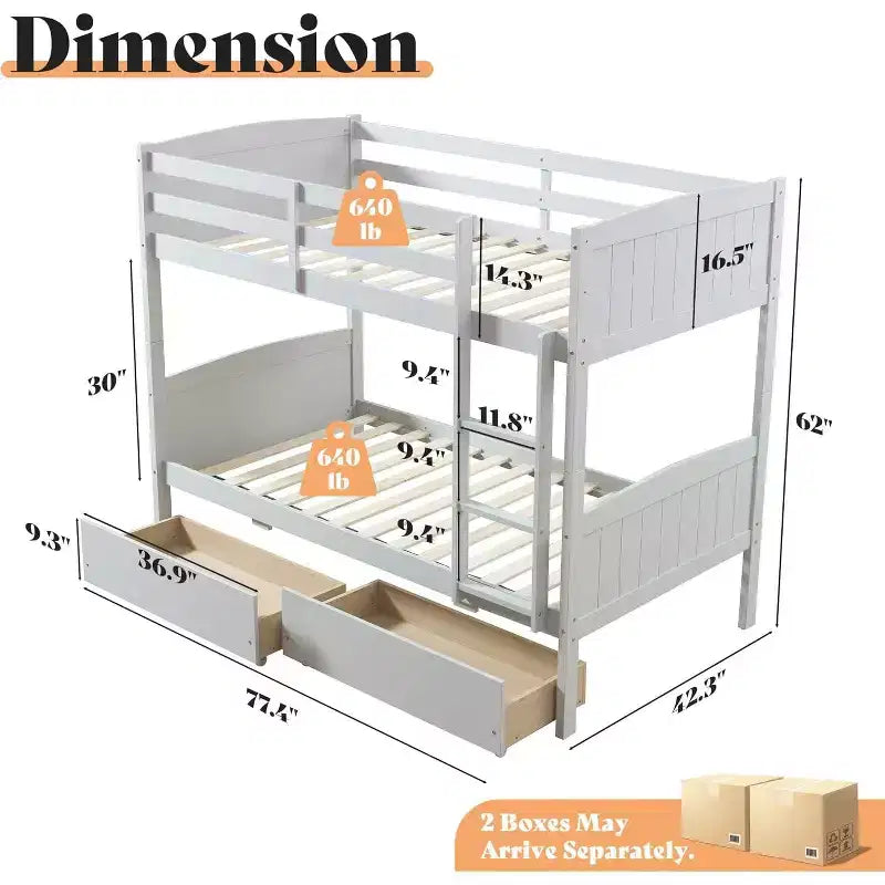 Lit superposé jumeau sur jumeau avec tiroirs de rangement, cadre de lit mezzanine convertible en bois d'hévéa massif avec échelles, lit détachable pour enfants