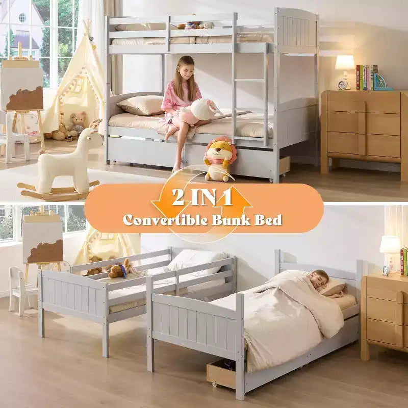 Lit superposé jumeau sur jumeau avec tiroirs de rangement, cadre de lit mezzanine convertible en bois d'hévéa massif avec échelles, lit détachable pour enfants
