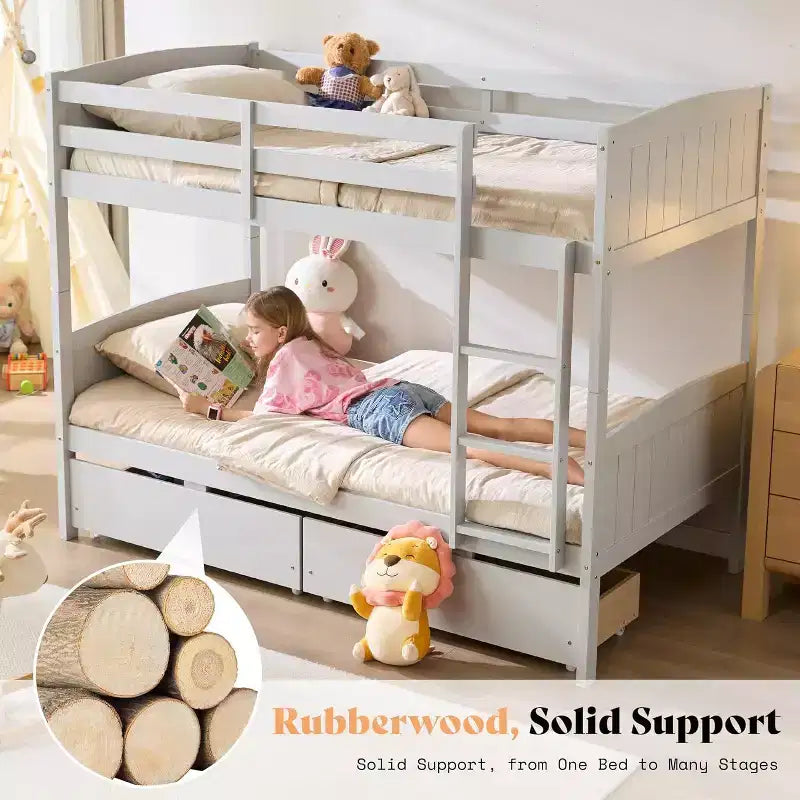 Lit superposé jumeau sur jumeau avec tiroirs de rangement, cadre de lit mezzanine convertible en bois d'hévéa massif avec échelles, lit détachable pour enfants