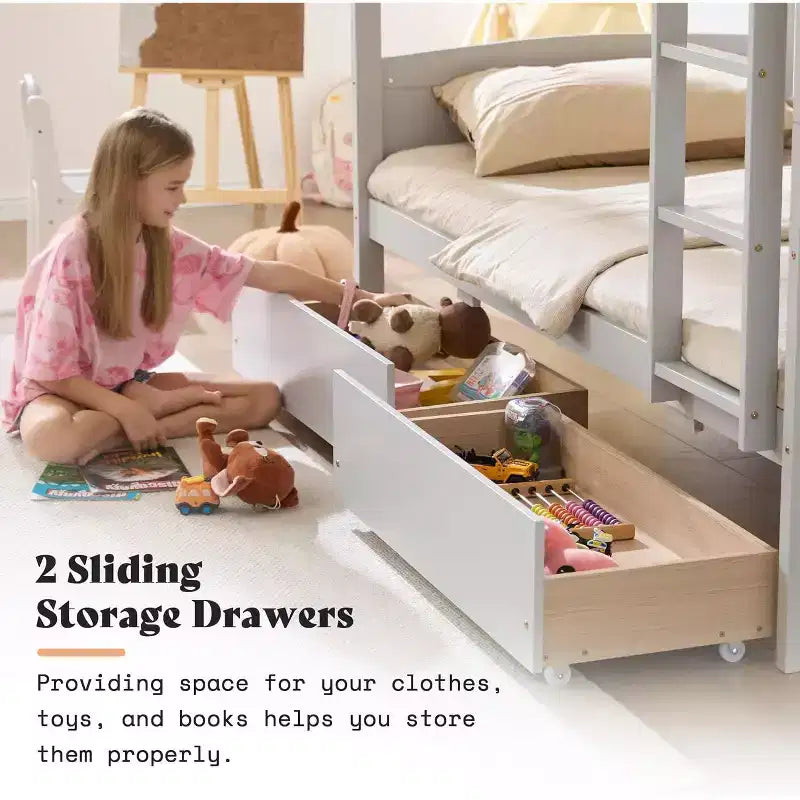 Lit superposé jumeau sur jumeau avec tiroirs de rangement, cadre de lit mezzanine convertible en bois d'hévéa massif avec échelles, lit détachable pour enfants