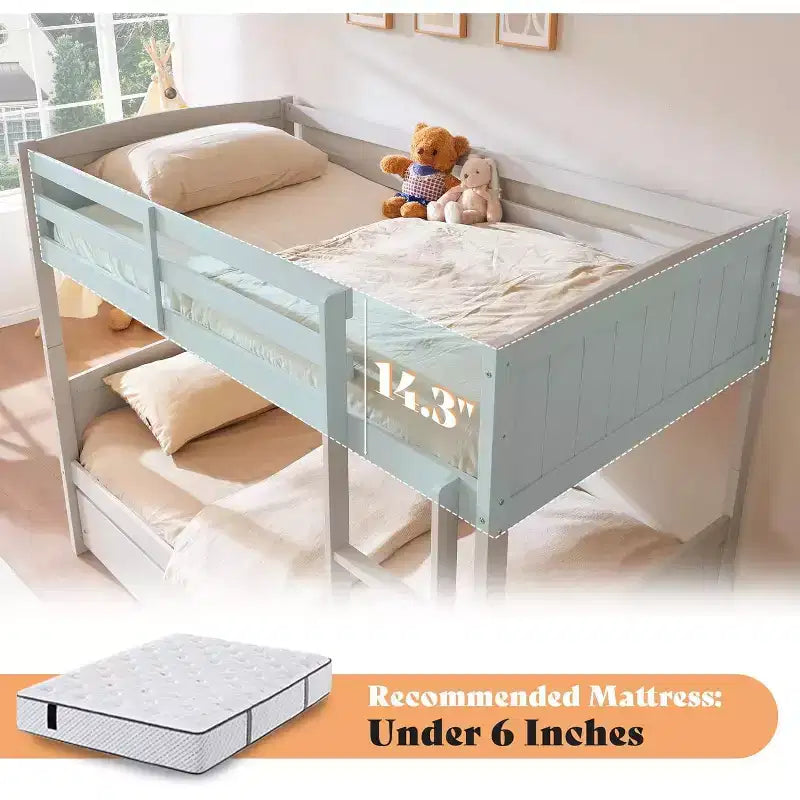 Lit superposé jumeau sur jumeau avec tiroirs de rangement, cadre de lit mezzanine convertible en bois d'hévéa massif avec échelles, lit détachable pour enfants