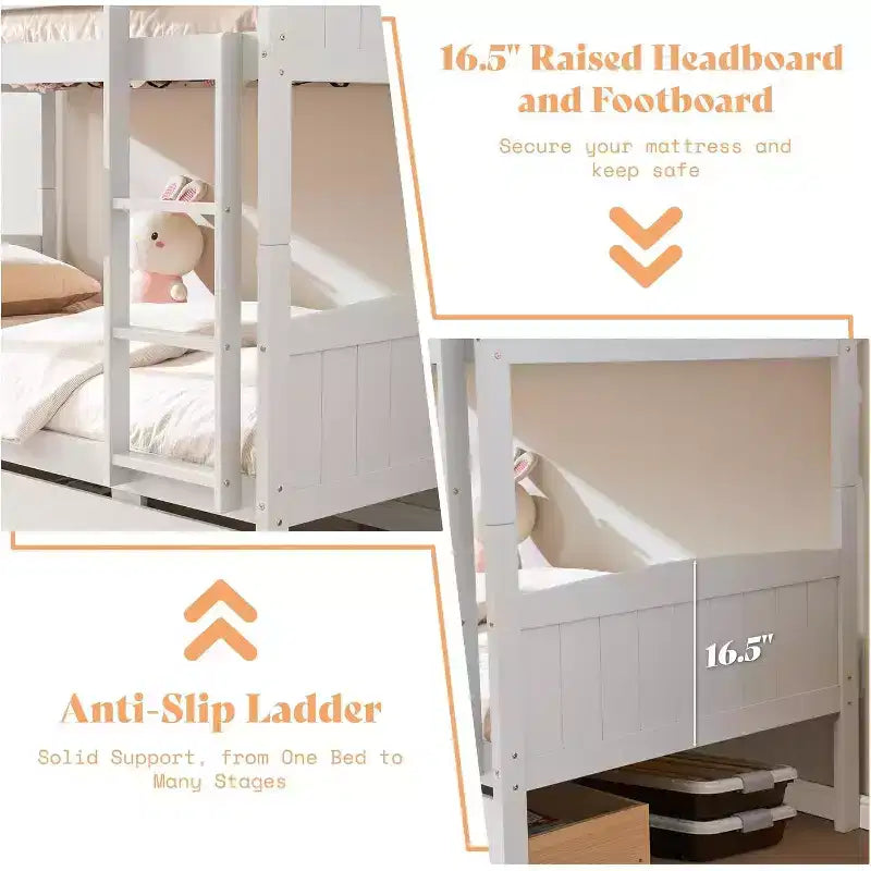 Lit superposé jumeau sur jumeau avec tiroirs de rangement, cadre de lit mezzanine convertible en bois d'hévéa massif avec échelles, lit détachable pour enfants