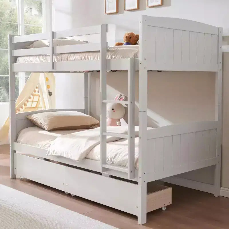 Lit superposé jumeau sur jumeau avec tiroirs de rangement, cadre de lit mezzanine convertible en bois d'hévéa massif avec échelles, lit détachable pour enfants
