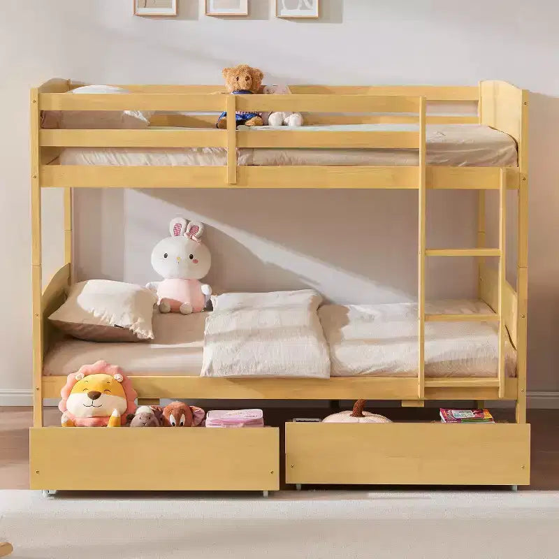 Lit superposé jumeau sur jumeau avec tiroirs de rangement, cadre de lit mezzanine convertible en bois d'hévéa massif avec échelles, lit détachable pour enfants