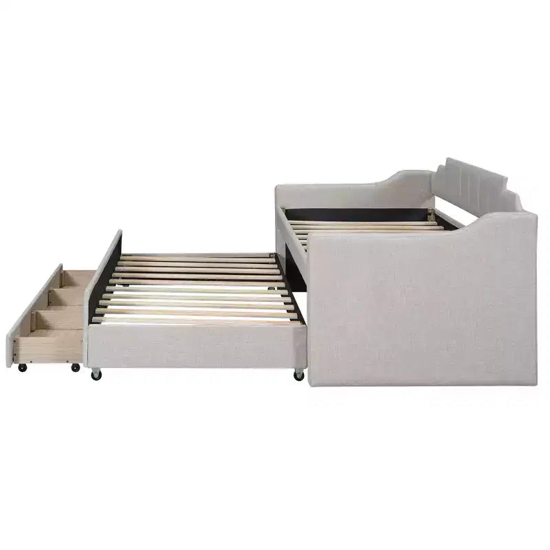 Lit de repos capitonné pour lit jumeau avec lit gigogne et 3 tiroirs, cadre de lit de capitaine en bois avec rangement pour chambre à coucher