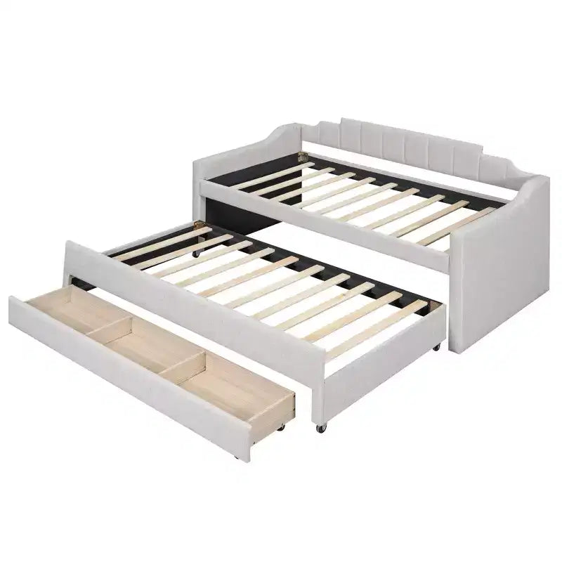 Lit de repos capitonné pour lit jumeau avec lit gigogne et 3 tiroirs, cadre de lit de capitaine en bois avec rangement pour chambre à coucher