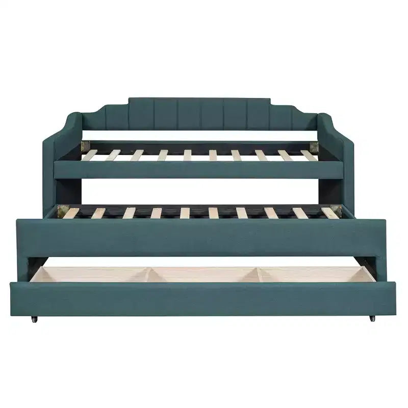 Lit de repos capitonné pour lit jumeau avec lit gigogne et 3 tiroirs, cadre de lit de capitaine en bois avec rangement pour chambre à coucher