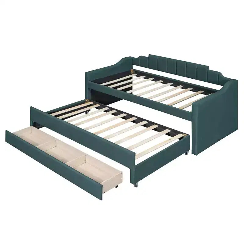 Lit de repos capitonné pour lit jumeau avec lit gigogne et 3 tiroirs, cadre de lit de capitaine en bois avec rangement pour chambre à coucher