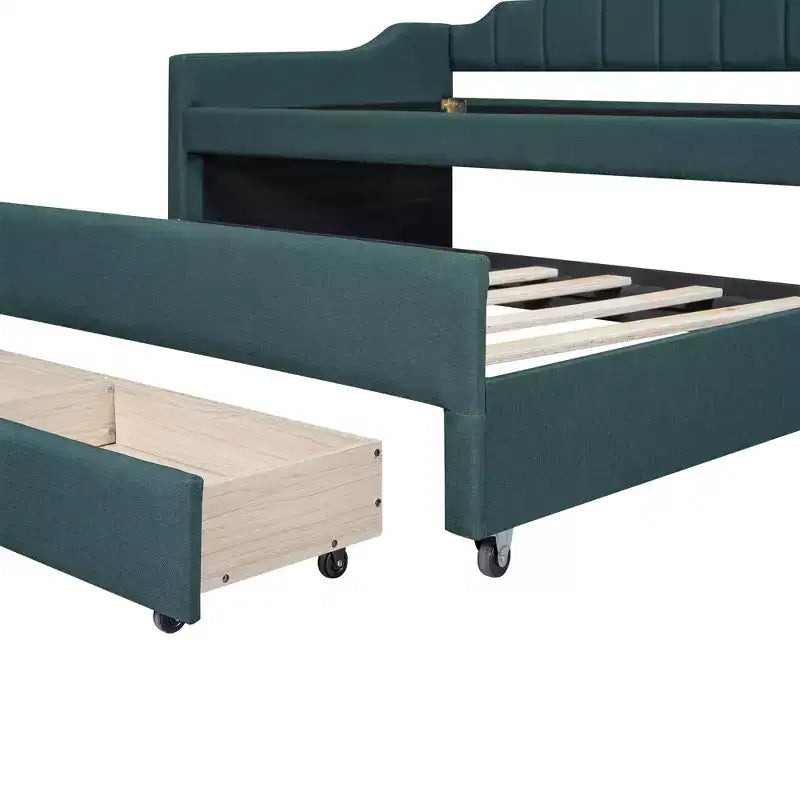 Lit de repos capitonné pour lit jumeau avec lit gigogne et 3 tiroirs, cadre de lit de capitaine en bois avec rangement pour chambre à coucher
