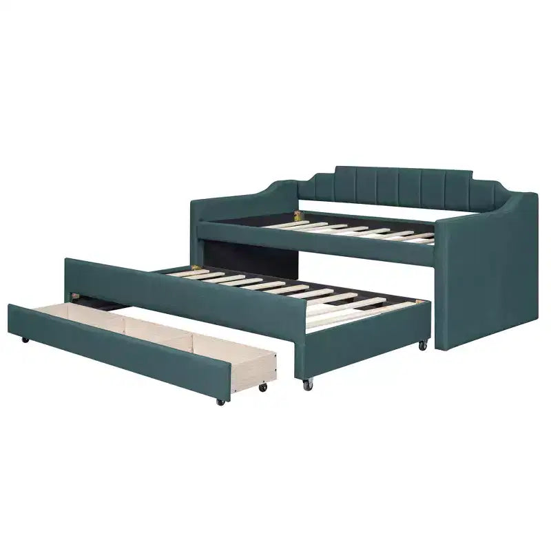 Lit de repos capitonné pour lit jumeau avec lit gigogne et 3 tiroirs, cadre de lit de capitaine en bois avec rangement pour chambre à coucher