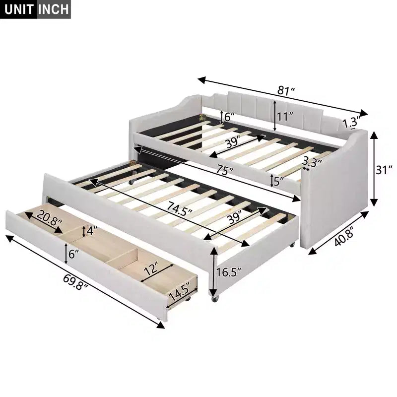 Lit de repos capitonné pour lit jumeau avec lit gigogne et 3 tiroirs, cadre de lit de capitaine en bois avec rangement pour chambre à coucher