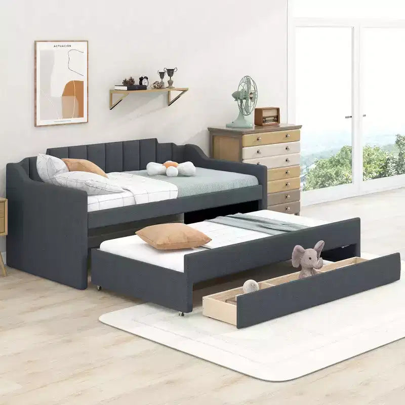 Lit de repos capitonné pour lit jumeau avec lit gigogne et 3 tiroirs, cadre de lit de capitaine en bois avec rangement pour chambre à coucher
