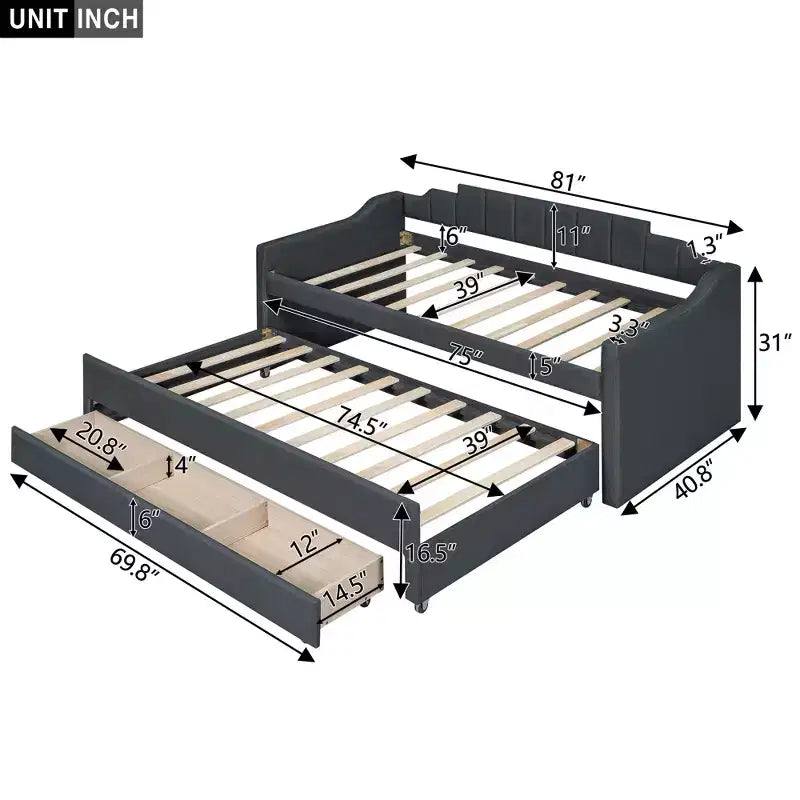 Lit de repos capitonné pour lit jumeau avec lit gigogne et 3 tiroirs, cadre de lit de capitaine en bois avec rangement pour chambre à coucher