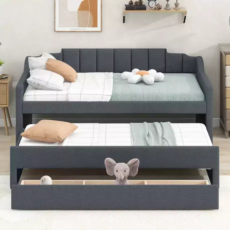 Lit de repos capitonné pour lit jumeau avec lit gigogne et 3 tiroirs, cadre de lit de capitaine en bois avec rangement pour chambre à coucher