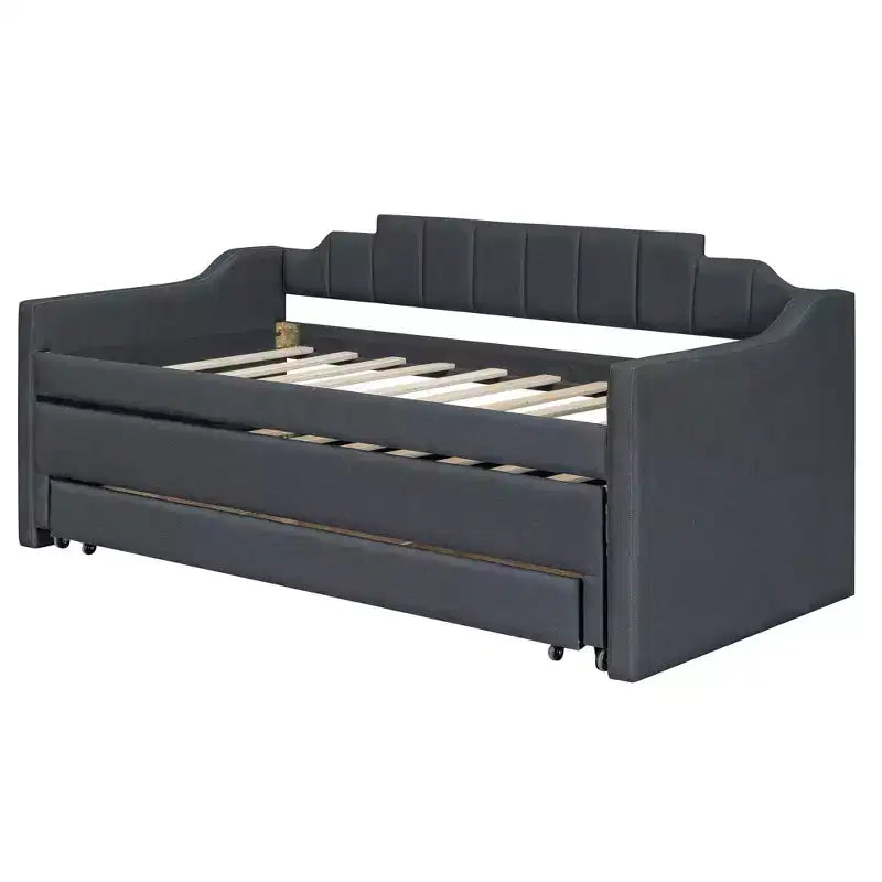 Lit de repos capitonné pour lit jumeau avec lit gigogne et 3 tiroirs, cadre de lit de capitaine en bois avec rangement pour chambre à coucher