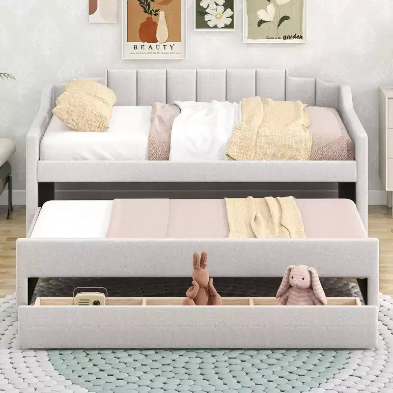 Lit de repos capitonné pour lit jumeau avec lit gigogne et 3 tiroirs, cadre de lit de capitaine en bois avec rangement pour chambre à coucher