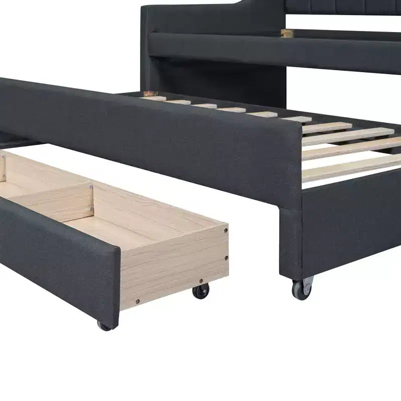 Lit de repos capitonné pour lit jumeau avec lit gigogne et 3 tiroirs, cadre de lit de capitaine en bois avec rangement pour chambre à coucher