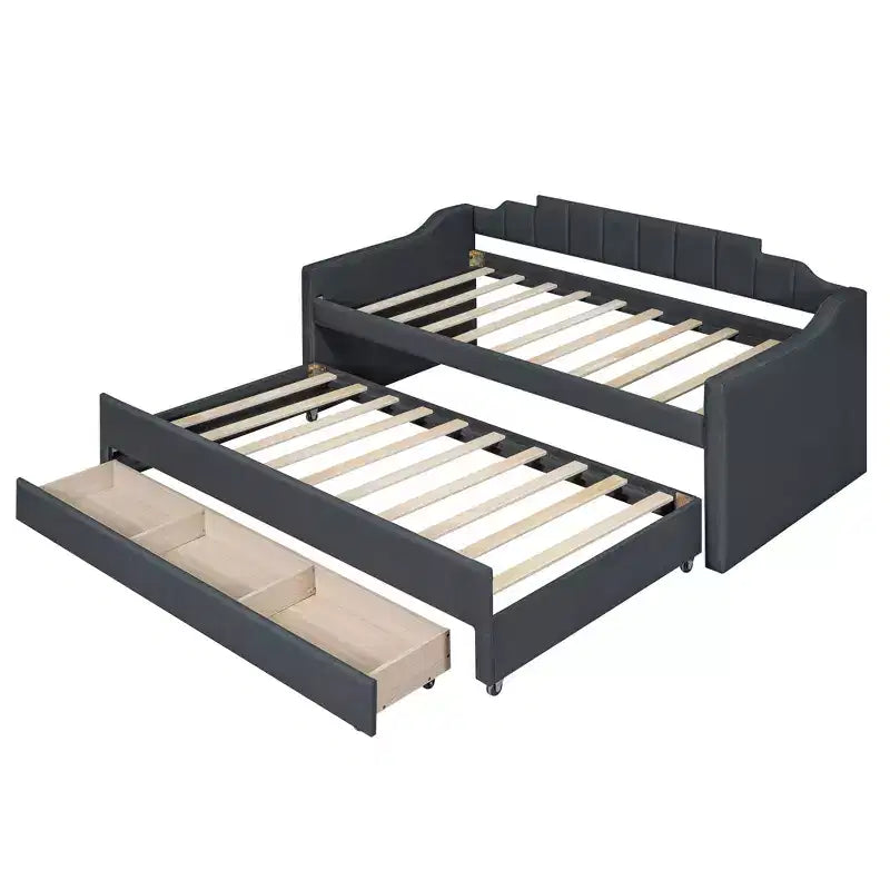 Lit de repos capitonné pour lit jumeau avec lit gigogne et 3 tiroirs, cadre de lit de capitaine en bois avec rangement pour chambre à coucher