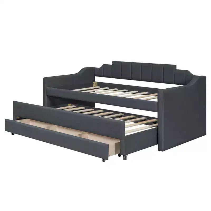 Lit de repos capitonné pour lit jumeau avec lit gigogne et 3 tiroirs, cadre de lit de capitaine en bois avec rangement pour chambre à coucher