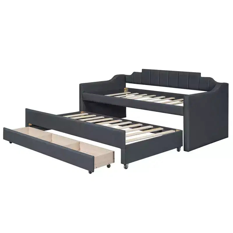 Lit de repos capitonné pour lit jumeau avec lit gigogne et 3 tiroirs, cadre de lit de capitaine en bois avec rangement pour chambre à coucher
