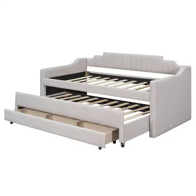 Lit de repos capitonné pour lit jumeau avec lit gigogne et 3 tiroirs, cadre de lit de capitaine en bois avec rangement pour chambre à coucher