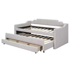 Lit de repos capitonné pour lit jumeau avec lit gigogne et 3 tiroirs, cadre de lit de capitaine en bois avec rangement pour chambre à coucher