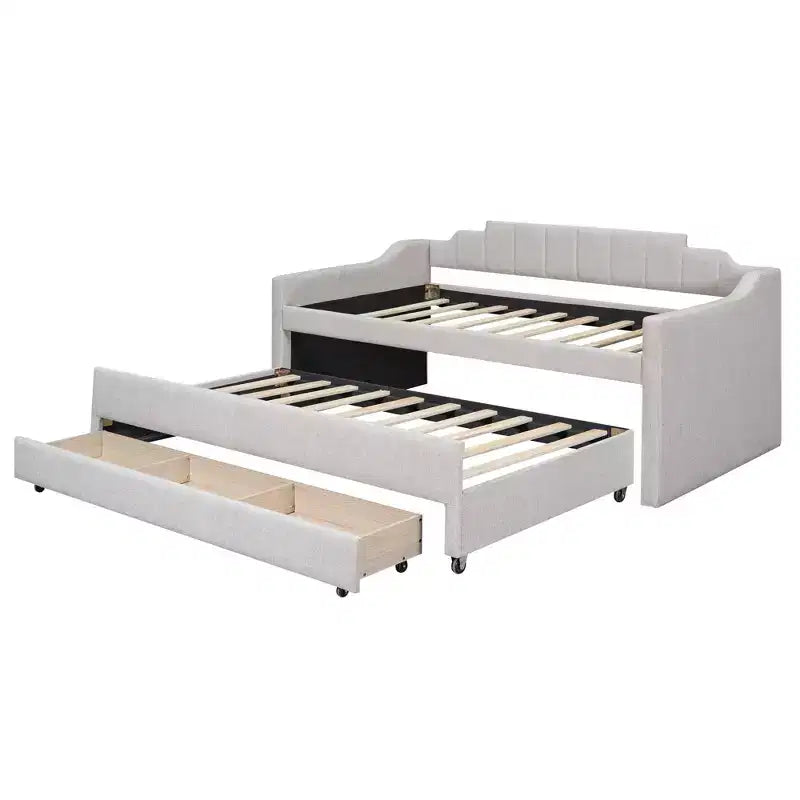 Lit de repos capitonné pour lit jumeau avec lit gigogne et 3 tiroirs, cadre de lit de capitaine en bois avec rangement pour chambre à coucher