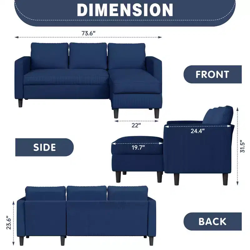 73.6 Canapé d'angle rembourré avec pouf pour salon, appartement, salle de détente, chambre, housses lavables