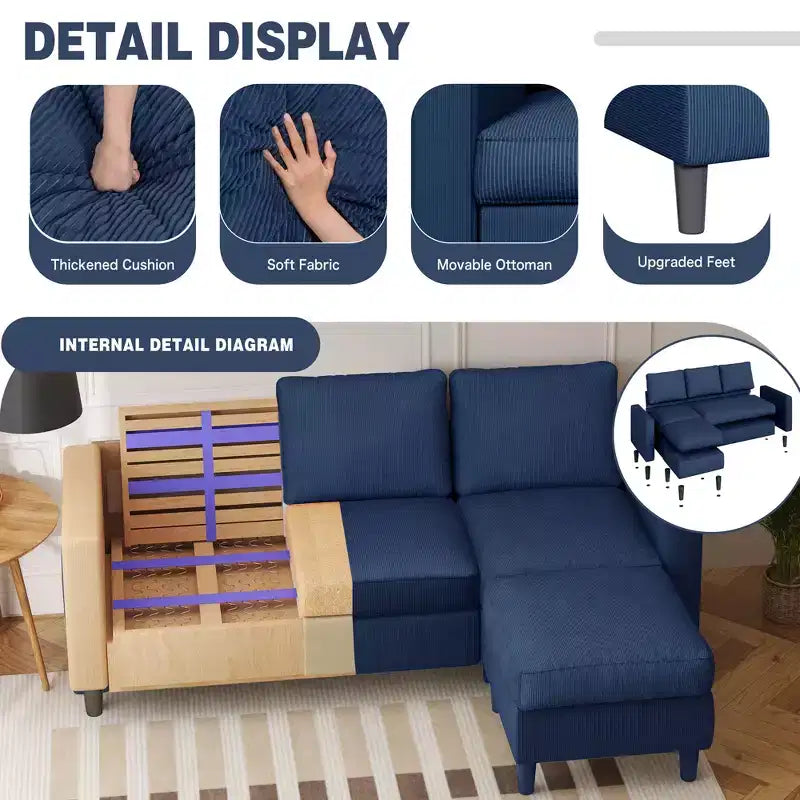 73.6 Canapé d'angle rembourré avec pouf pour salon, appartement, salle de détente, chambre, housses lavables