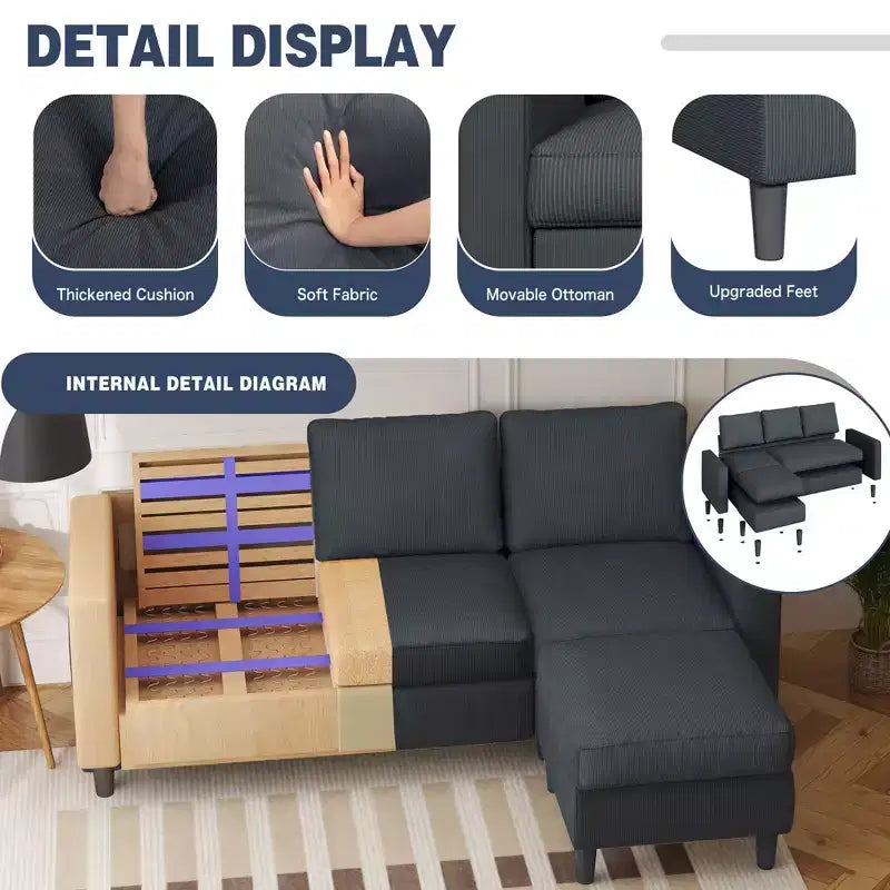 73.6 Canapé d'angle rembourré avec pouf pour salon, appartement, salle de détente, chambre, housses lavables
