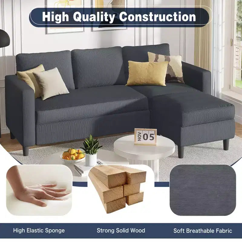 73.6 Canapé d'angle rembourré avec pouf pour salon, appartement, salle de détente, chambre, housses lavables