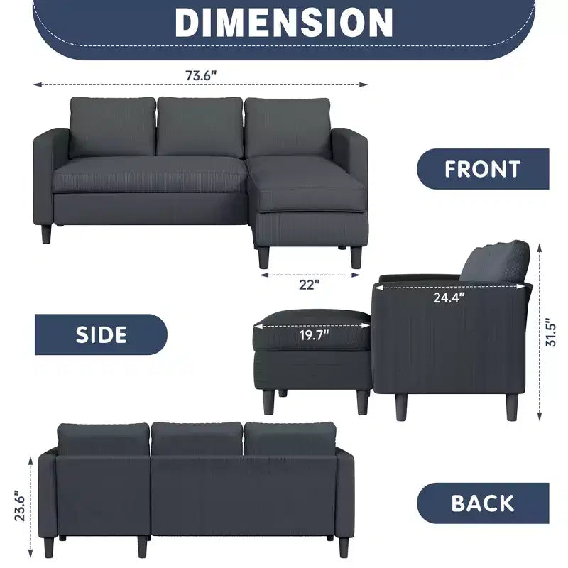 73.6 Canapé d'angle rembourré avec pouf pour salon, appartement, salle de détente, chambre, housses lavables