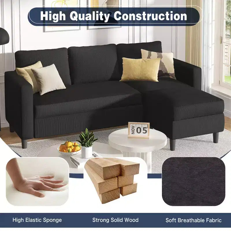 73.6 Canapé d'angle rembourré avec pouf pour salon, appartement, salle de détente, chambre, housses lavables